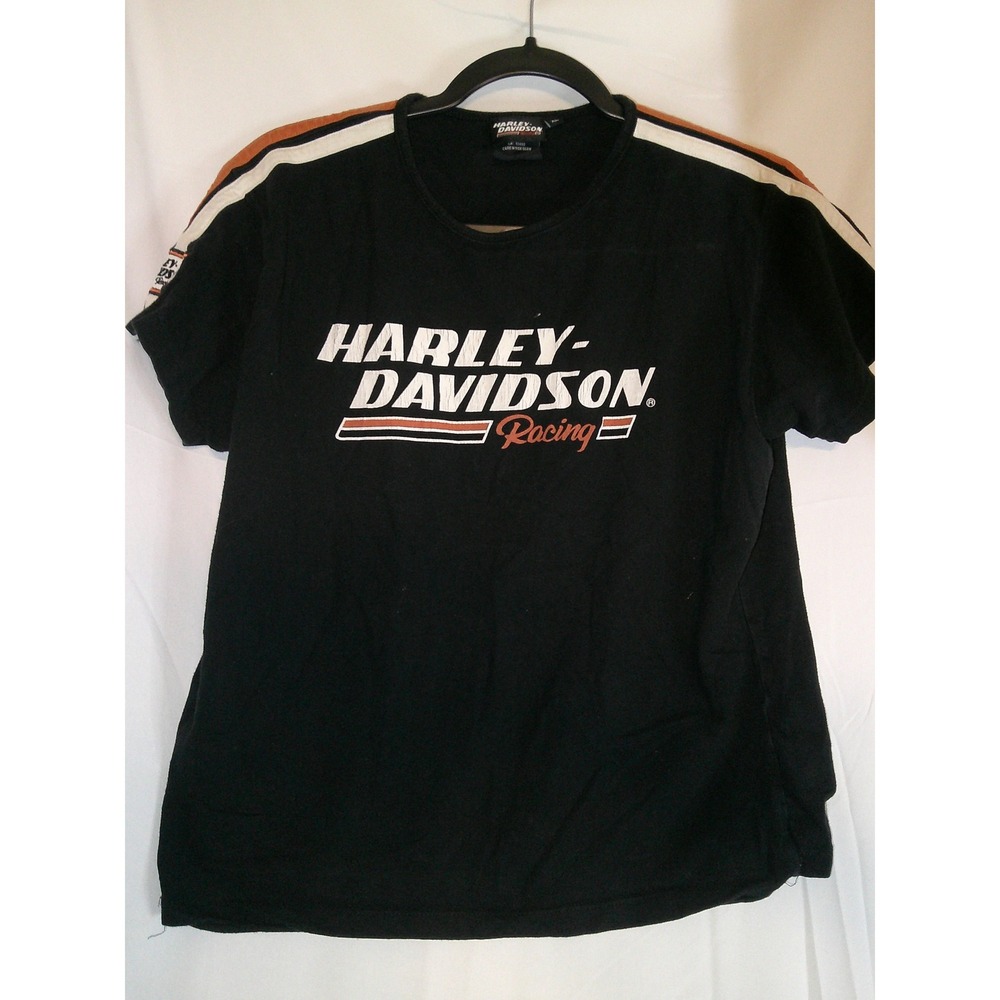 Vintage Y2K Harley Davidson Racing Black T Shirt Orange White Stripes‎ XL